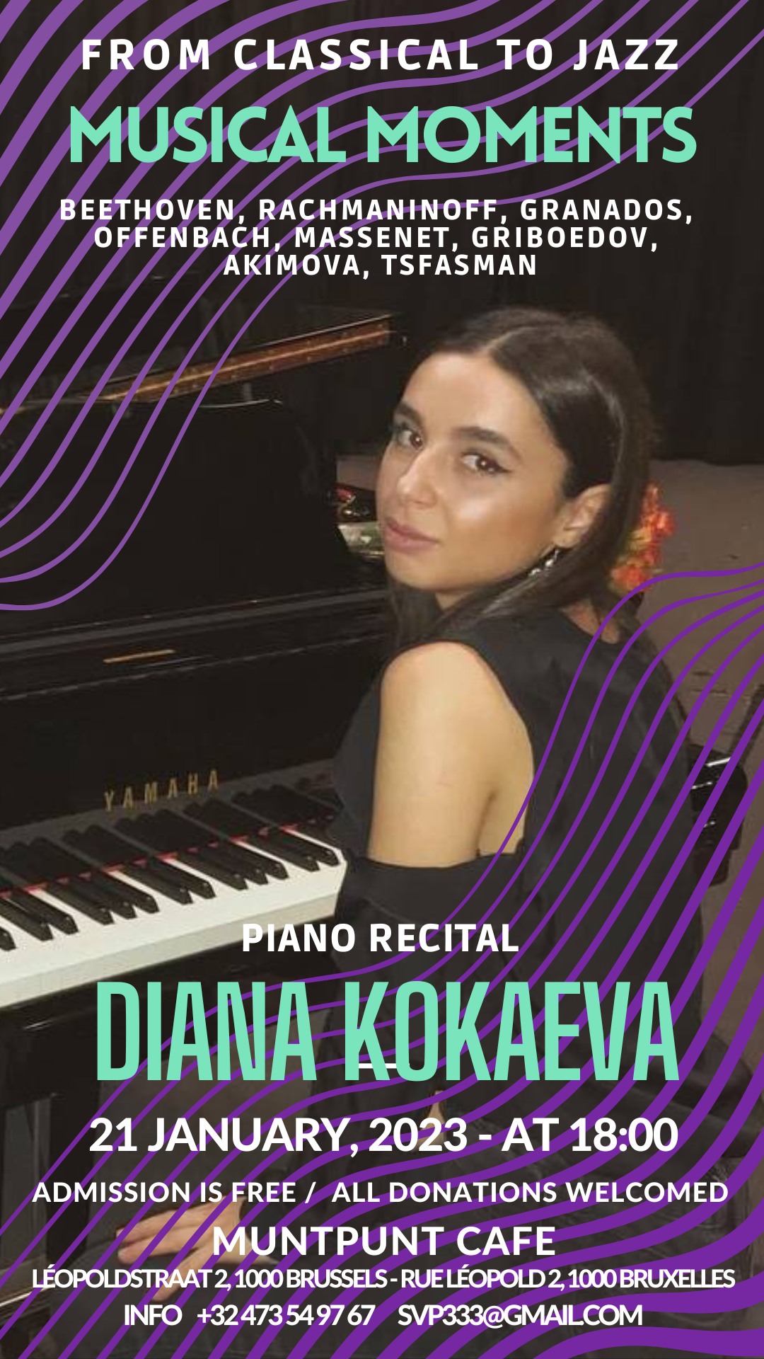 Affiche. ICEP Musical Moments (from classical to jazz). Piano récital Diana Kokaeva. 2023-01-21